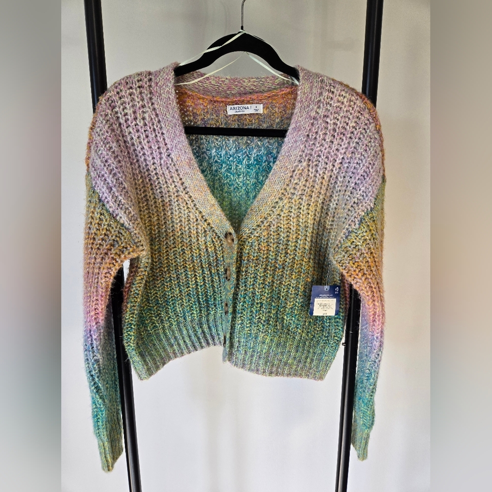 NWT. Arizona Jean Size Small Chunky Sweater Cardigan Button Rainbow Spacedye